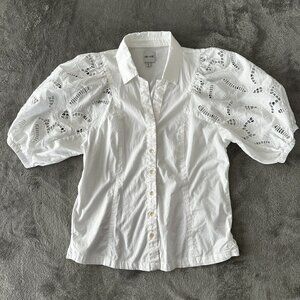 Nic + Zoe White Puff Sleeve Eyelet Button Up Blouse Shirt SMALL Women's